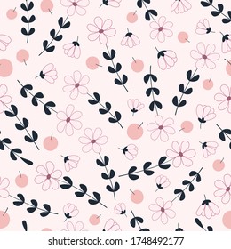 Patrón floral dulce sin foco sobre fondo rosado. Patrón de repetición vectorial de flor rosa con tallo negro y frutos de melocotón para las impresiones.