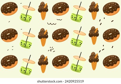 Seamless sweet food Pattern with chocolate Toppings, chocolate ice cream and boba tea illustration – Ideal for Fabric, Textile, Packaging design, Wrapping Paper, Banners, Stationery