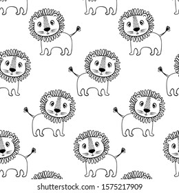 Seamless sweet lion pattern ,black silhouette on white background,children's vector illustration