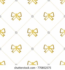seamless sweet and luxury pattern with golden ribbon and silver dot glittter on white background
