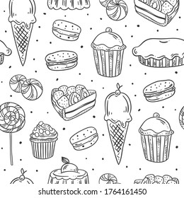 Seamless sweet pastries pattern. Vector background with outline hand drawn baking desserts: cakes, cupcakes, tarts, cookies