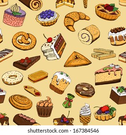 Seamless sweet pastries vector illustration pattern