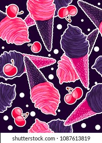 Seamless sweet pattern with berry and gothic black icecream cones, sweet cherries in cartoon style
