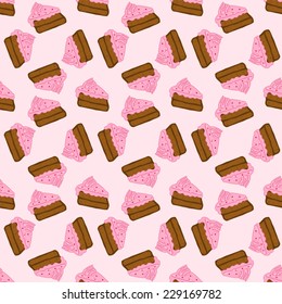 Seamless sweet pattern with chocolate cake and pink cream