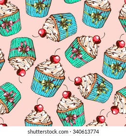 Seamless sweet pattern with cupcakes. Hand drawn vector illustration for menu, recipe, banner, design textiles and wrapping paper.