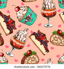 Seamless sweet pattern with desserts and ice cream. Hand drawn vector illustration for banner, background, greeting cards, post card, invitations , and other design.