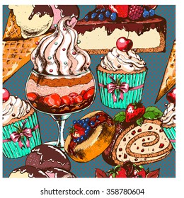 Seamless sweet pattern with desserts and ice cream. Hand drawn vector illustration for banner, background, greeting cards, post card, invitations , and other design.