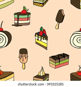 Seamless sweet pattern with desserts and ice cream. Hand drawn vector illustration for banner, background, greeting cards, post card, invitations , and other design.