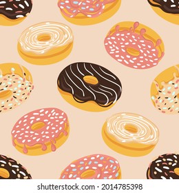 Seamless sweet pattern with donuts covered with chocolate, icing and sprinkles. Hand drawn vector pastry background