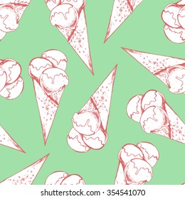 Seamless sweet pattern with ice cream. Hand drawn vector illustration.