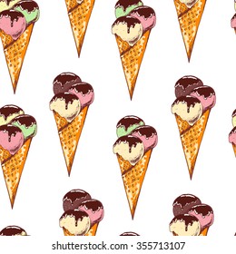 Seamless sweet pattern with ice cream. Hand drawn vector illustration.