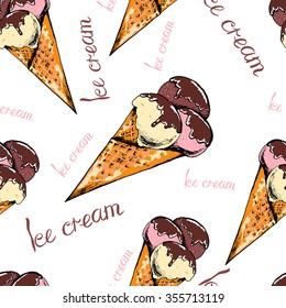Seamless sweet pattern with ice cream. Hand drawn vector illustration.
