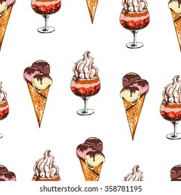 Seamless sweet pattern with ice cream desserts. Hand drawn vector illustration.