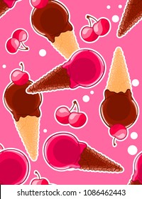 Seamless sweet pattern with icecream cones and sweet cherries in cartoon style