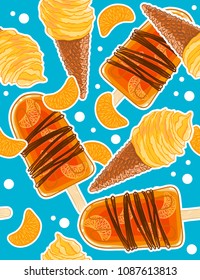 Seamless sweet pattern with icecream cones, popsicle and citrus slices in cartoon style