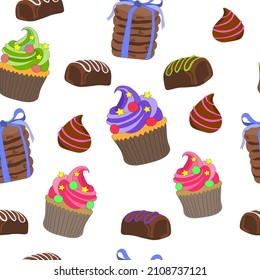 Seamless sweet pattern of muffins with bright whipped cream, candy truffles and bars, cookies tied with ribbon, hand-drawn. Printing on fabrics, labels, diary covers and other. vector illustration