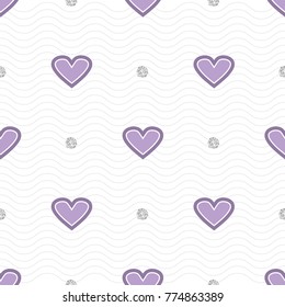 seamless sweet pattern on stripe background with violet heart and silver dot glitter traiangle