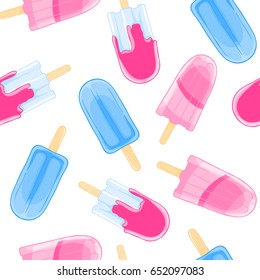 Seamless sweet pattern with popsicles in cartoon style on white background. Summer texture for textile, fabric, wallpaper.