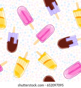 Seamless sweet pattern with popsicles in cartoon style on polka dot background. Summer texture for textile, fabric, wallpaper.