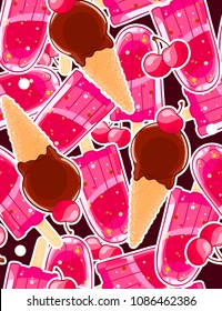 Seamless sweet pattern with popsicles, icecream cones and cherry in cartoon style