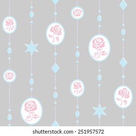 Seamless sweet pattern with white and pink  rose pendants, blue stars and beads on gray background