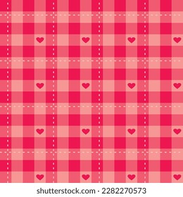 Seamless sweet pink vector background with hearts - checkered pattern or grid texture for web design, desktop wallpaper or culinary blog website