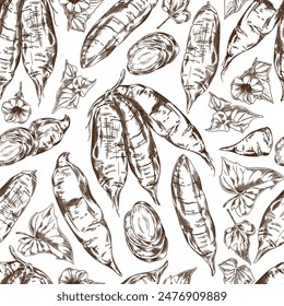 The seamless sweet potato-themed pattern is a combination of flowers, leaves and sliced vegetables in a sketch style. This vector drawing exudes organic charm