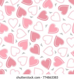 seamless sweet valentine pattern background with pink hand drawn heart and silver glitter triangle