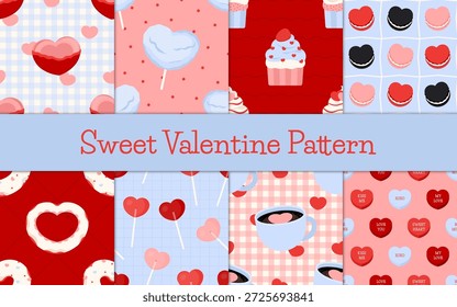 Patrón de San Valentín dulce sin costuras en azul, rojo y rosa. Ideal para embalajes, panaderías, tarjetas y diseños festivos.