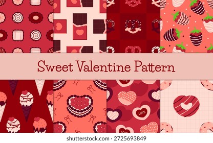 Patrón de San Valentín dulce sin fisuras con golosinas de chocolate, postres de corazón, donas, galletas, helado y fresas. Perfecto para el embalaje, papel de embalaje, panadería de marca, tarjetas, diseños festivos.