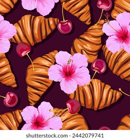 Seamless sweet vector pattern with croissant, candy, flowers, hibiscus, cherry. Tropical bright pattern