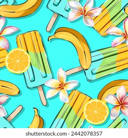 Seamless sweet vector pattern with ice cream, banana, lemon, orange, citrus, plumeria flowers. Tropical bright pattern