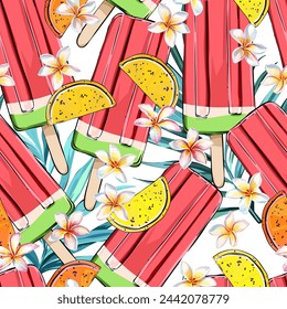 Seamless sweet vector pattern with ice cream, marmalade, lemon, citrus, orange, palm leaves, monstera, plumeria flower. Tropical bright pattern