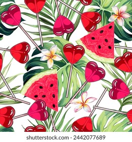 Seamless sweet vector pattern with lollipops, candies, watermelon, palm leaves, tropical flowers and leaves. Bright pattern