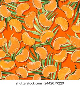 Seamless sweet vector pattern with tangerine, citrus, orange, palm leaf. Tropical bright pattern