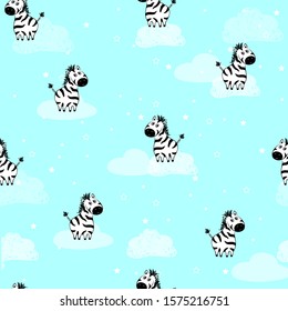 Seamless sweet zebra pattern,blue sky and white clouds background,children's vector illustration