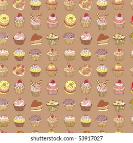 Seamless sweets pattern with cake and fruit in vector