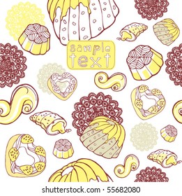 Seamless sweets pattern with cake and fruit in vector