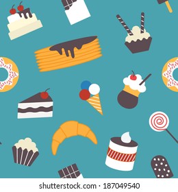 Seamless sweets pattern, flat design vector for restaurant, menu, cafe and culinary blogs and sites..