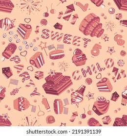 Papel de pared de caramelos sin foco con diferentes caramelos, pasteles y pasteles. Estrellas de color rosa y símbolos de diseño de rayas para la decoración partidista