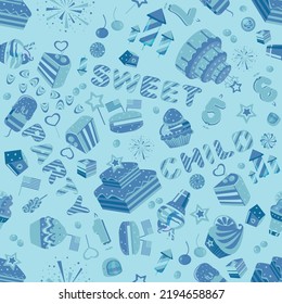 Seamless sweets pattern wallpaper with different candies, cupcakes and cakes. Blue colour stars and stripes design symbols for partie decoration