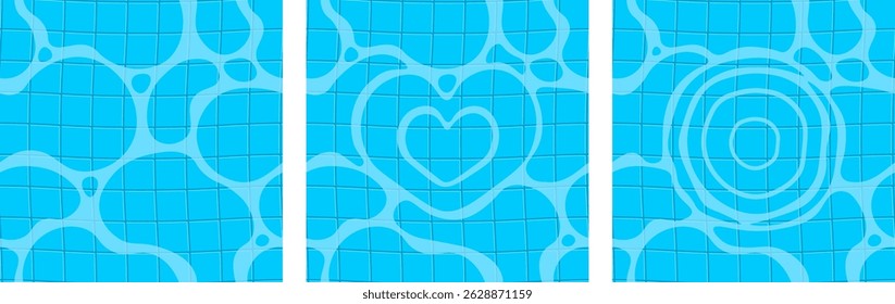 Patrón de superficie de agua de piscina sin costuras con azulejos azules. Incluye reflejos de ondas clásicos, diseños de ondas en forma de corazón y patrones de ondulación circulares.