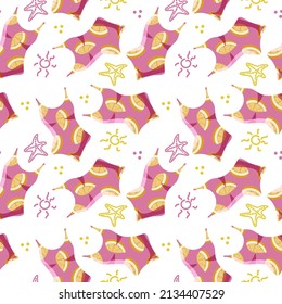 Seamless swimsuit pattern, hand-drawn in cartoon style. Pink bathing suits with orange print on white background. Girls, women. Sun and starfish elements in doodle style. Summer fun background.