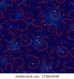 Patrón abstracto de giro sin problemas. Ambiente festivo, fondo azul oscuro o azul marino con elementos coloridos, rizos, puntos y destellos de luz. Diseño de vacaciones, fiestas o espacio