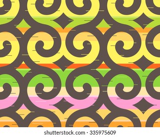 Seamless Swirl Pattern for Textile Design. Repeated Dark Twirl Items on Colorful Stripes. Vector Illustration.