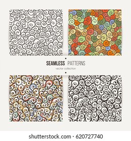 Seamless swirl patterns set. Handdrawn doodle ringlets.