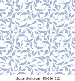 Seamless swirly flowers pattern. Ornamental floral background for textile, wallpapers, wrapping, paper. Blue on white.