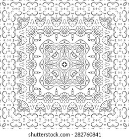 Seamless Symbolical Floral Pattern, Black Contours Isolated on White Background. Vector