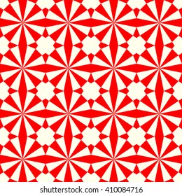 Seamless symmetric geometric ornament. Red white stylized optical prism sunbeam background. Red striped abstract wallpaper.  Vector illustration