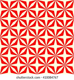 Seamless symmetric geometric ornament. Red white stylized optical prism sunbeam background. Red striped abstract wallpaper.  Vector illustration